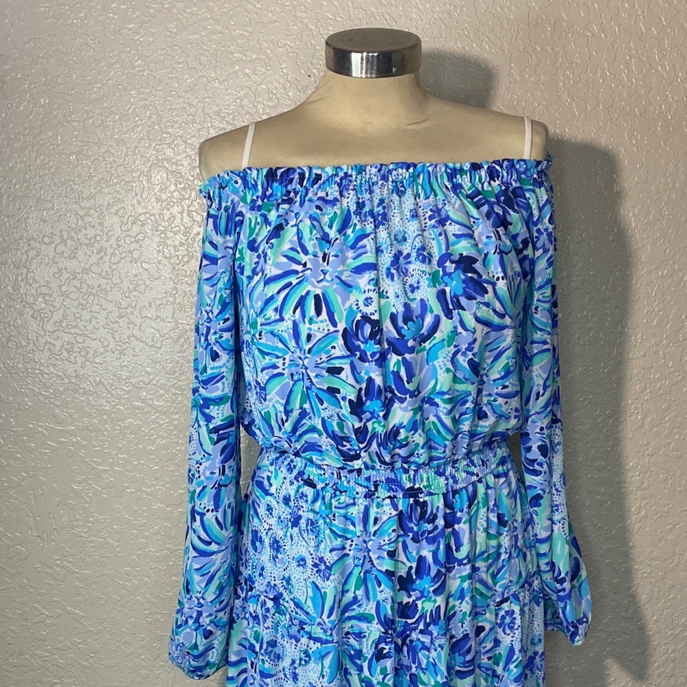 Lilly Pulitzer Blue and Green Off-Shoulder Dress - Picture 3 of 12